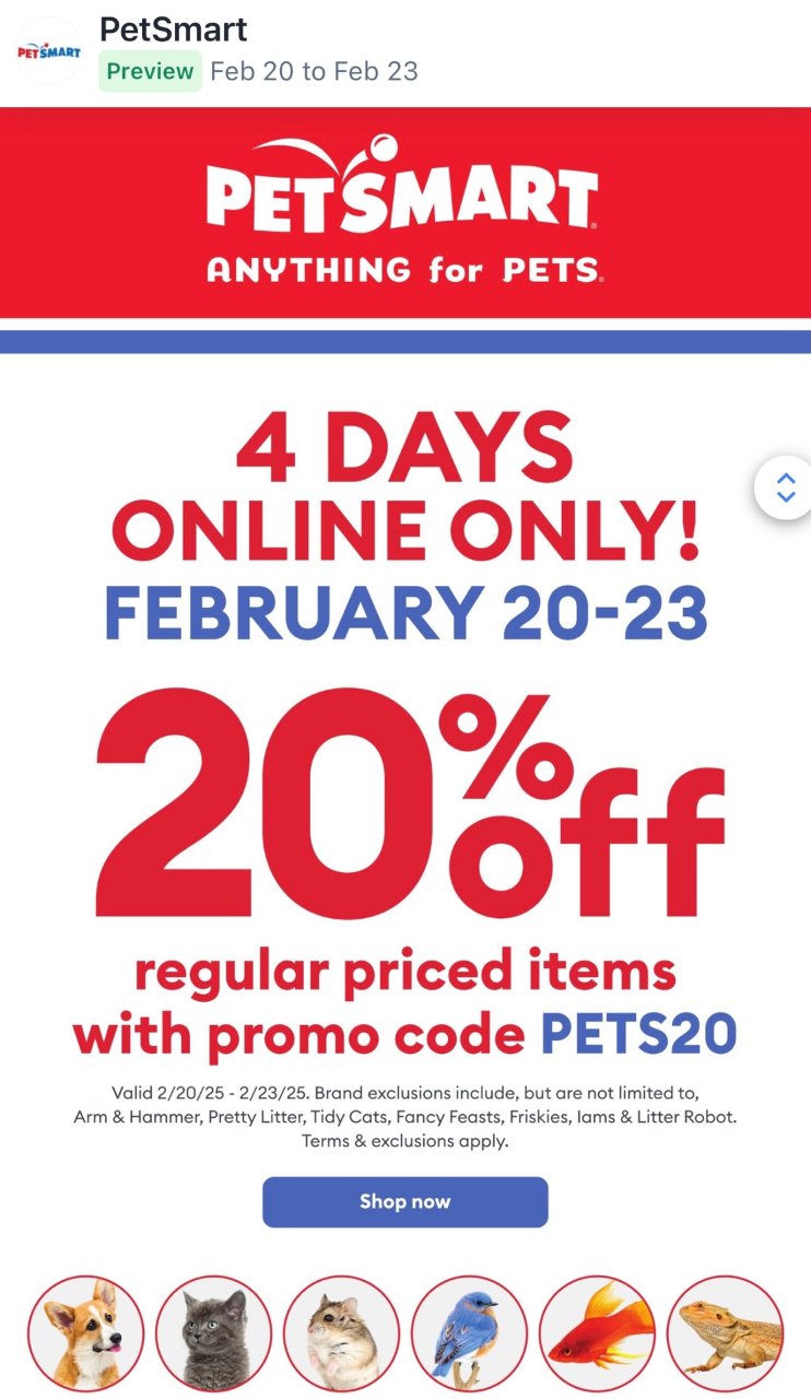 Petsmart全部8折❗️仅限2/20...