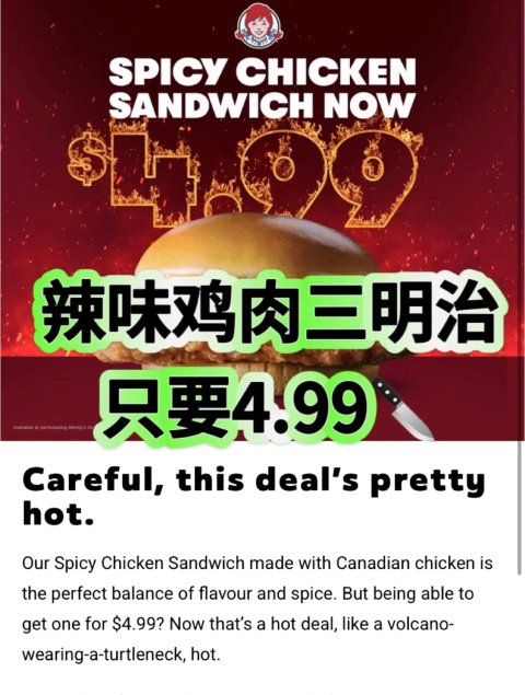 Wendy’s🌶️🐔辣味鸡肉三明治只要4.99🔪