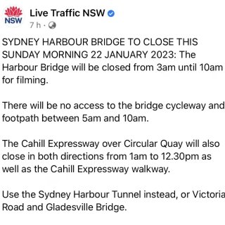 悉尼海港大桥将于1月22上午关闭 出行人...