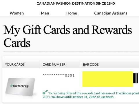 Simons reward gift card