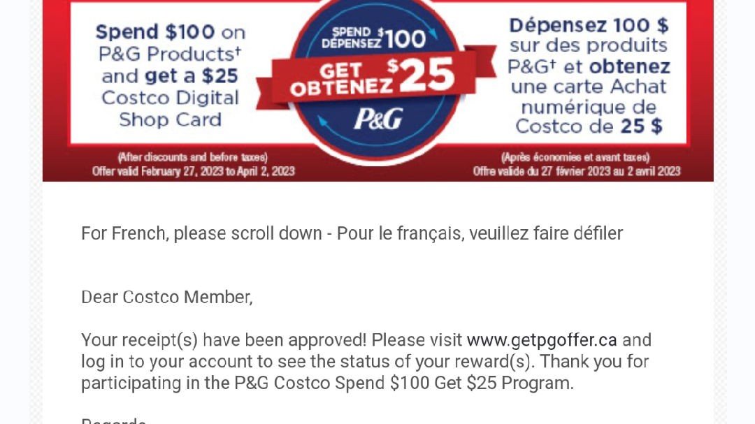 参加了Costco P&G 产品满$100送$25礼品卡的活动, 顺利领到礼卡