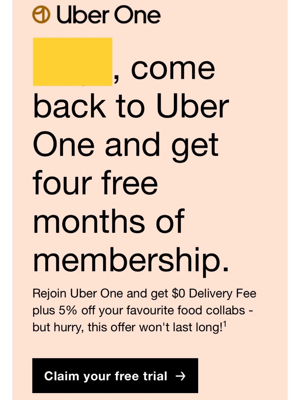 Uber One免费4个月 TD多送两月...
