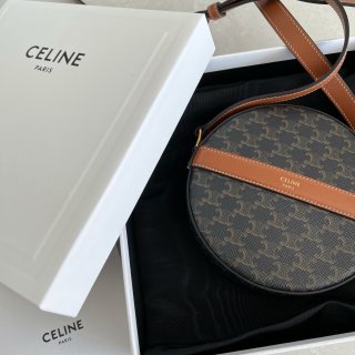 ROUND PURSE ON STRAP in Triomphe Canvas and Lambskin - Black / Tan - 10G342CAM.04BT | CELINE
