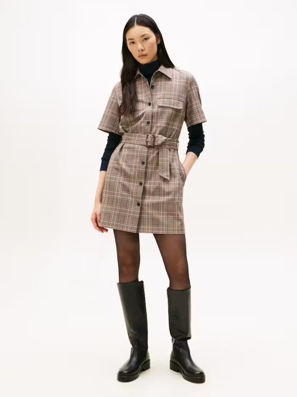 Check 短袖迷你衬衫裙