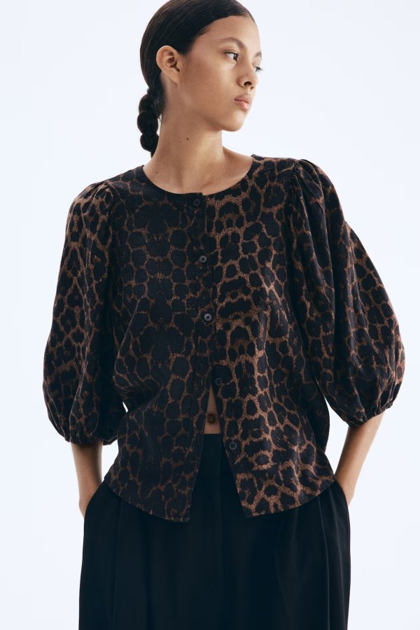  豹纹女士亚麻混纺衬衫 棕色