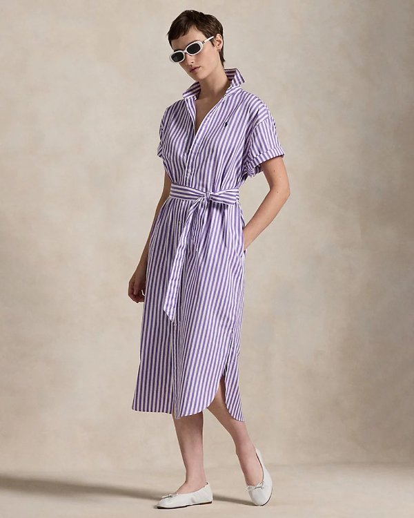 Belted 条纹棉连衣裙