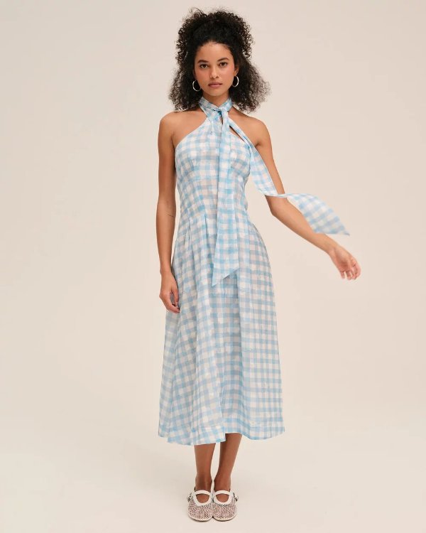 挂脖飘带格纹连衣裙