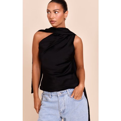 PrettyLittleThingBlack 不对称缎面上衣