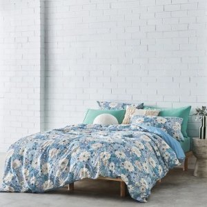 蓝色花卉超柔被套三件套