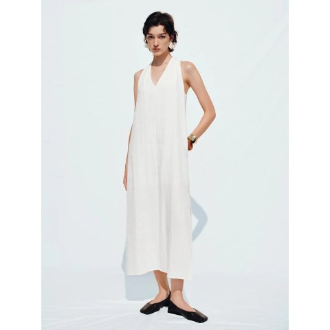 无袖A字长连衣裙