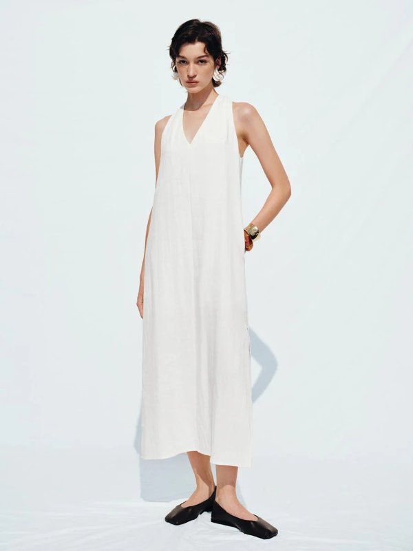 无袖A字长连衣裙