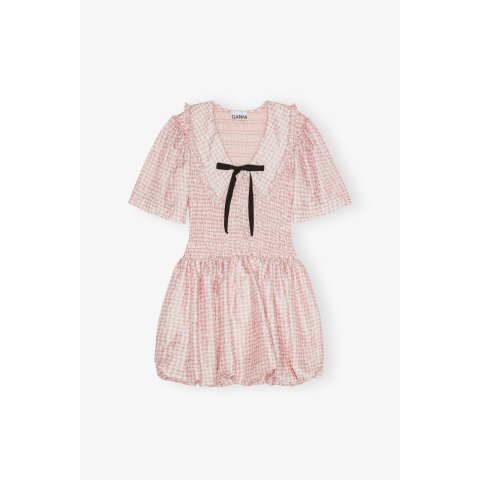 格纹泡泡袖连衣裙