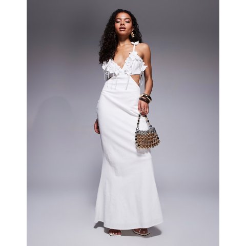  钩编镂空连衣裙 亚麻象牙白