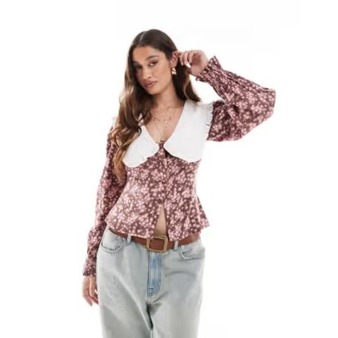  花卉撞色领衬衫