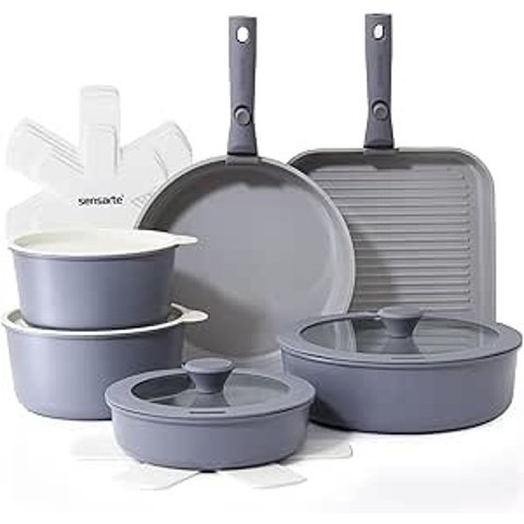 陶瓷锅具套装 可拆手柄 17件 灰色