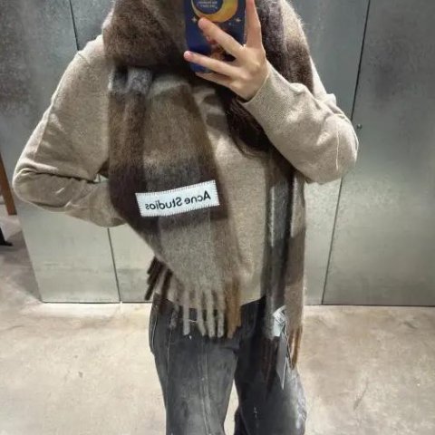 Check 流苏围巾 卡其拼米色