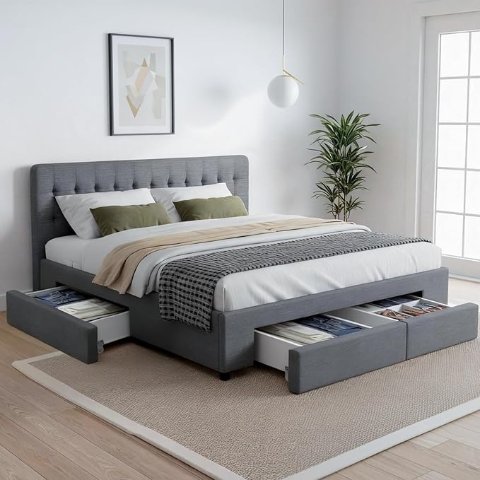 Queen 床架 灰色布艺 4抽屉