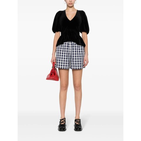 V领丝绒泡泡袖上衣