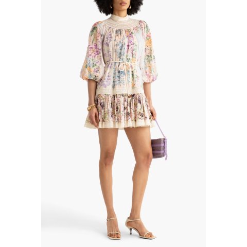 棉纱花卉蕾丝迷你连衣裙