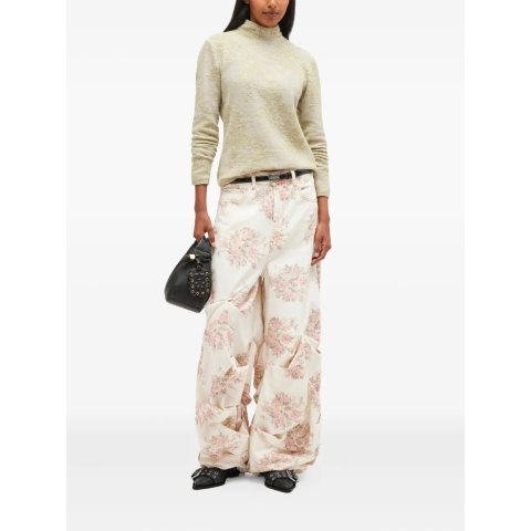 花卉印花缩褶牛仔裤