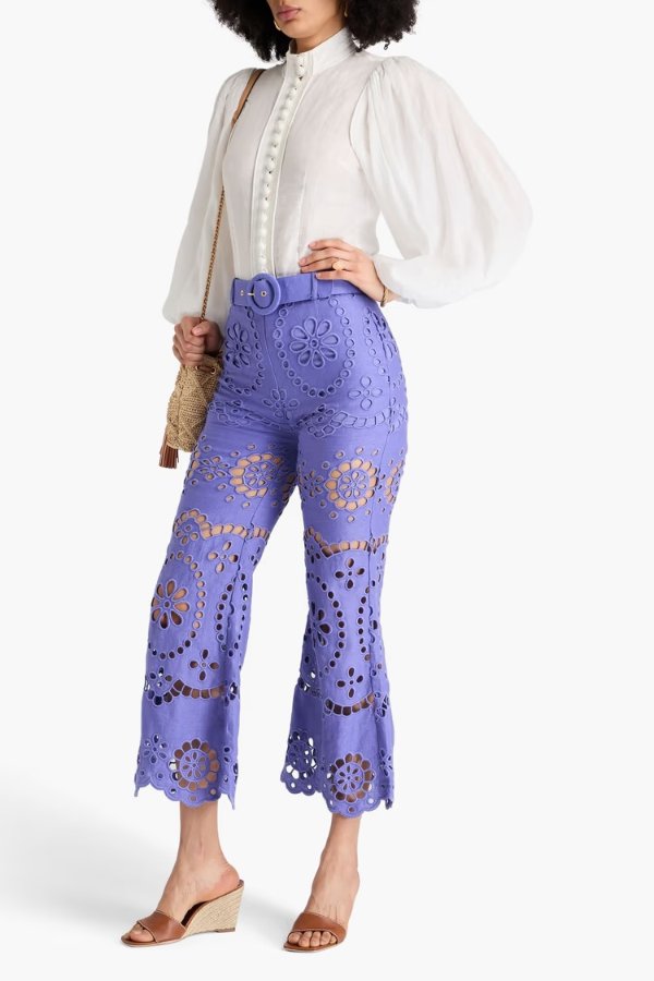 Belted 蕾丝亚麻喇叭裤