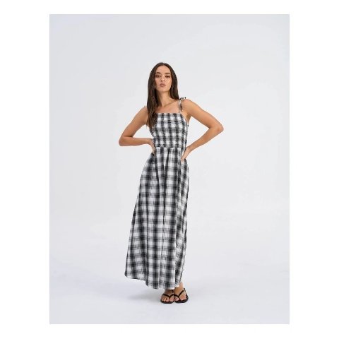 格子吊带长裙 