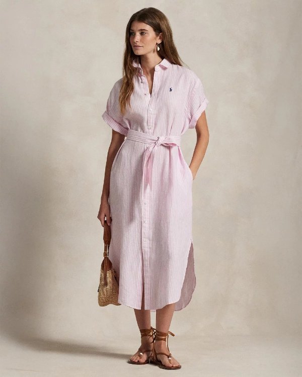 Striped 亚麻短袖衬衫连衣裙