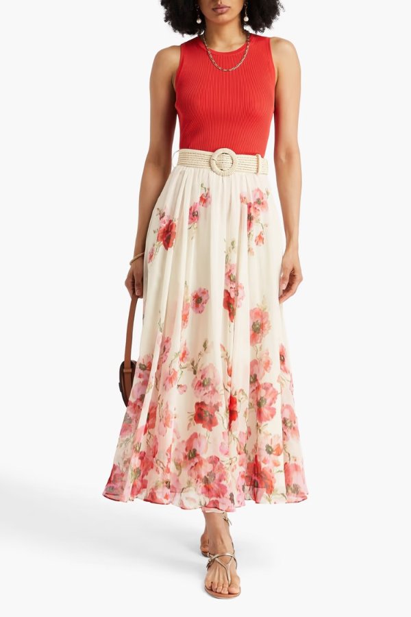 Belted 花卉印花长裙 棉丝混纺