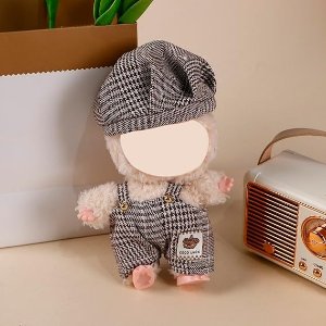 Labubu 棕色千鸟格背带裤套装