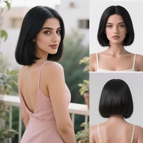 黑色直发短款假发 12英寸