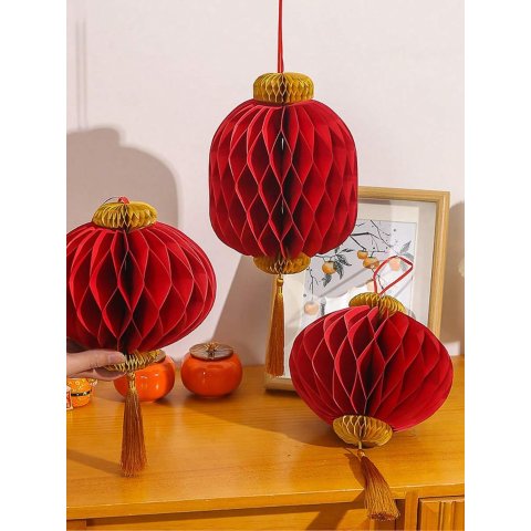 3D红色蜂巢灯笼装饰 3件