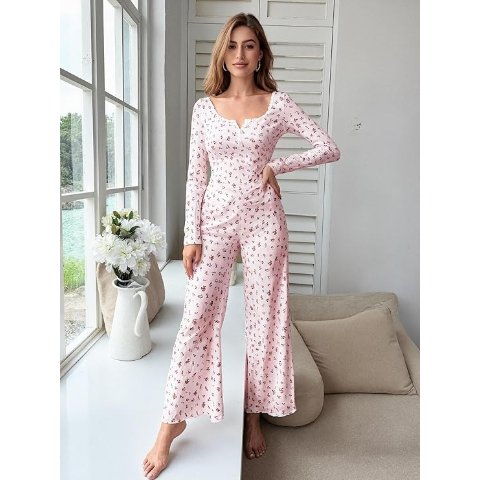 Ribbed 长袖花卉女睡衣套装