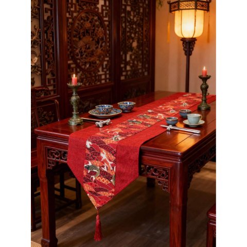 新年锦鲤桌旗 酒红流苏1件