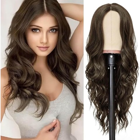 棕色中分长卷发假发 24英寸
