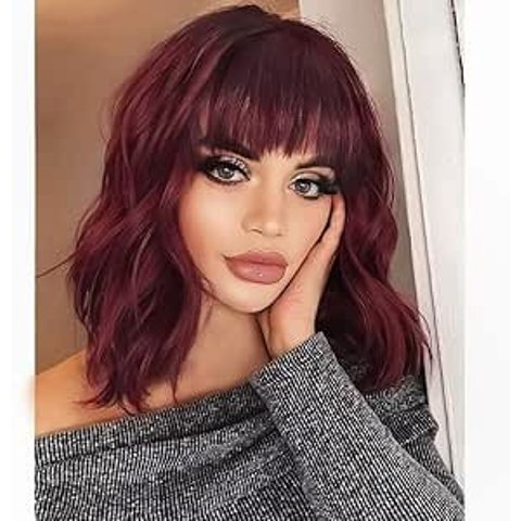 短款酒红卷发假发 12寸