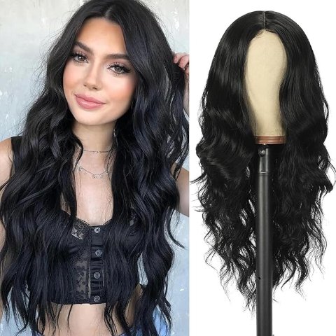 黑色中分长卷发假发 24寸