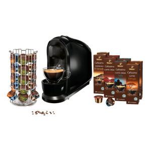 买Tchibo Cafissimo pure咖啡机+80个咖啡胶囊+咖啡胶囊架 指导价120欧，折后39欧，免邮