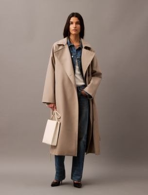 Long Wool Twill Blend Trench Coat