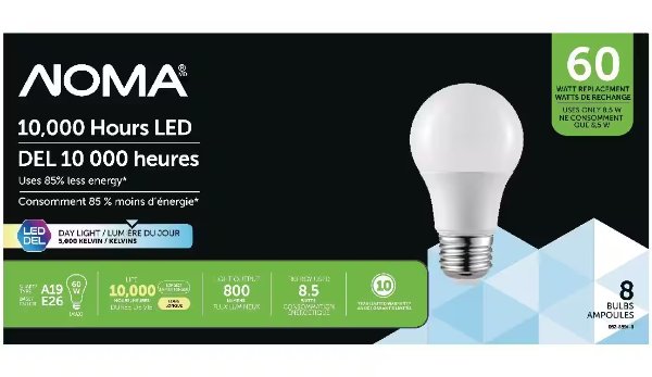 NOMA A19 E26 底座不可调光 LED 灯泡 8件装