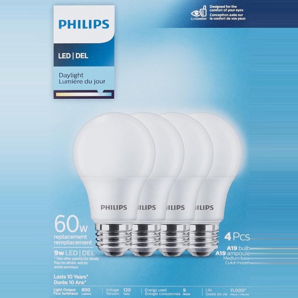 Philips飞利浦 463398  A19 60瓦等效 LED节能灯4件套