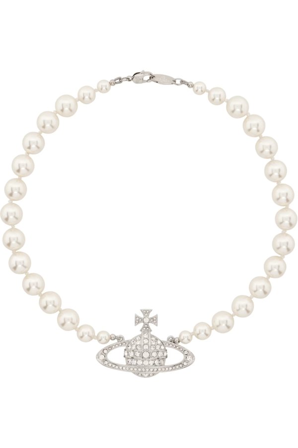 White & Silver One Row Pearl Bas Relief Choker