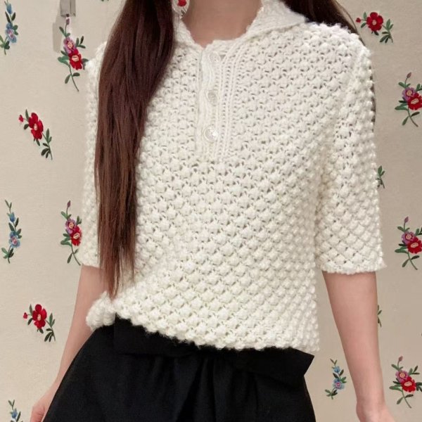 白色 Hand-Crocheted Polo 衫