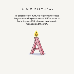 Aritzia40周年庆！满$150送限量版挂件 快来看地址