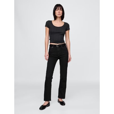 高腰直筒牛仔裤