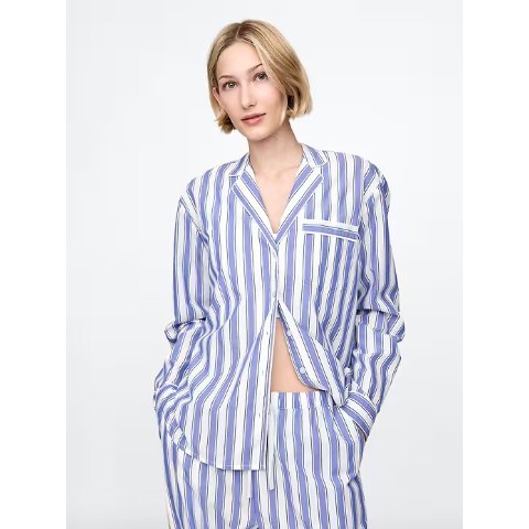 府绸条纹衬衫睡衣