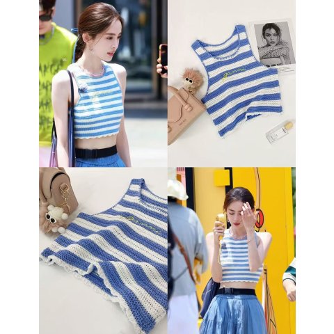 条纹棉质钩编短款上衣