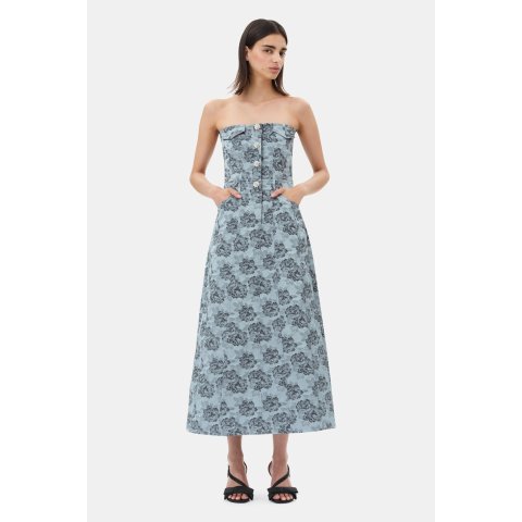 蓝色印花抹胸连衣裙