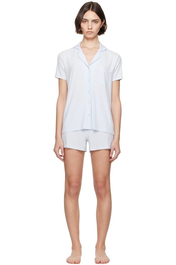 蓝色柔软休闲短款睡衣套装