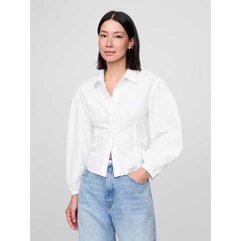 有机棉府绸灯笼袖衬衫
