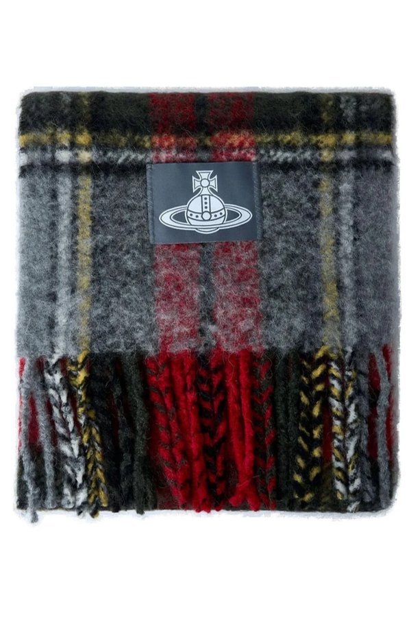  格纹刺绣流苏围巾